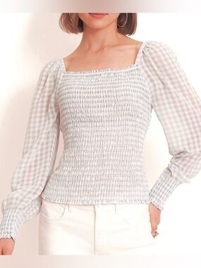 Ann Taylor Tall Smocked Square-Neck Gingham Blouse Sz MT